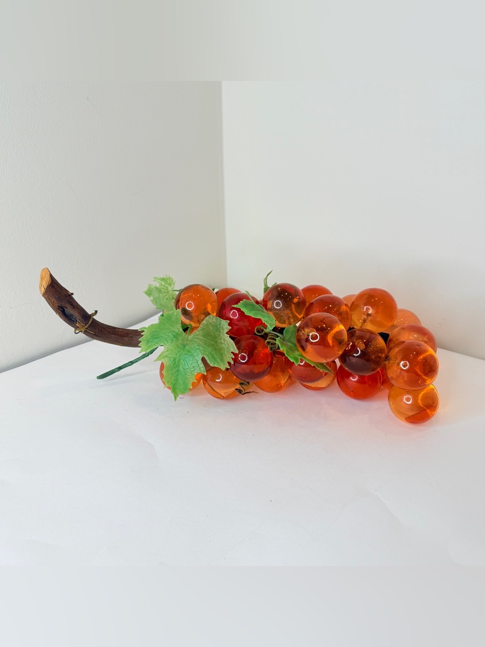 Vintage Amber Orange Lucite Grape Cluster MCM Acrylic Grapes Wood Stem 14”